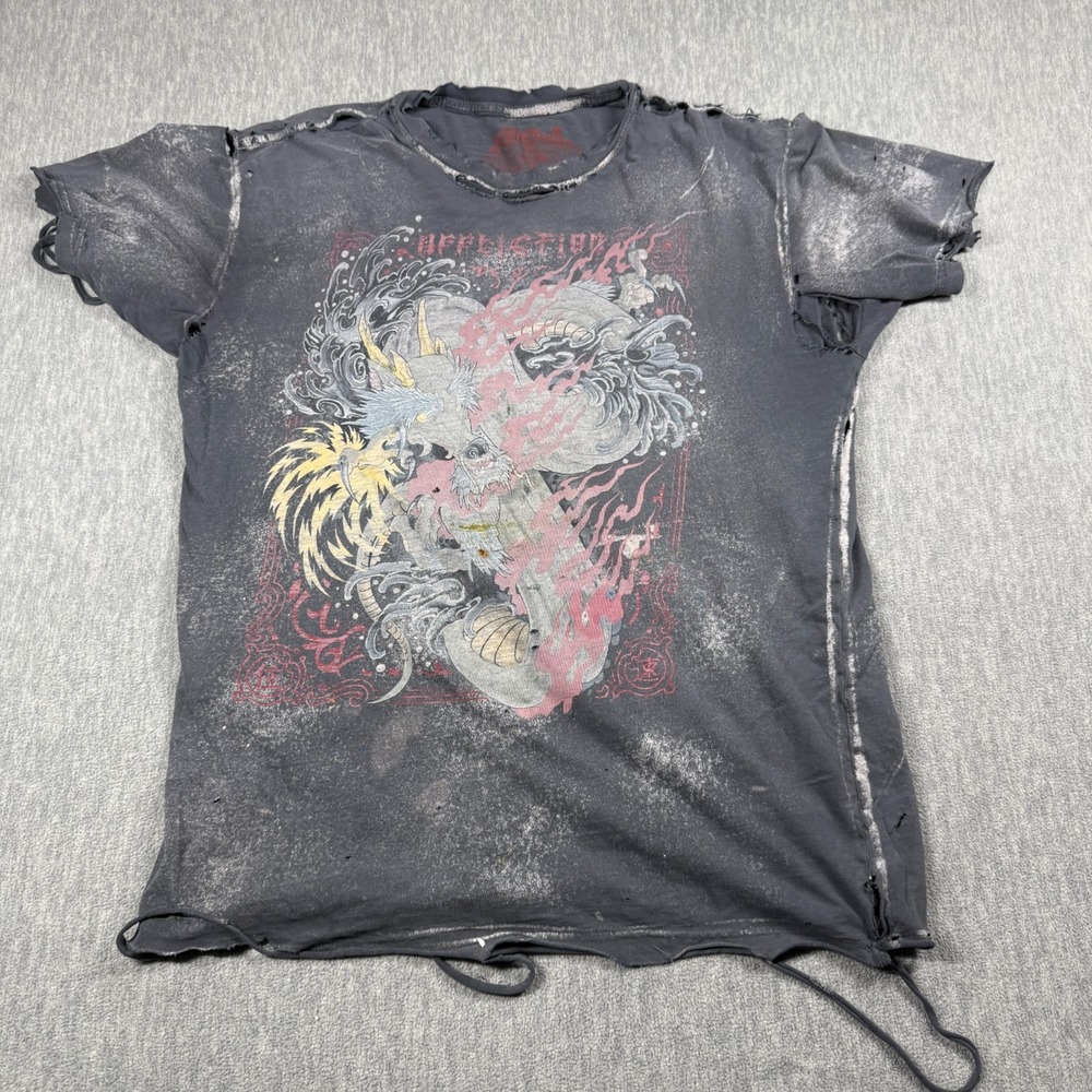 Affliction Shirt Mens XL Gray Mike Erwin Dragon Graphic Distressed Cotton Tee‎